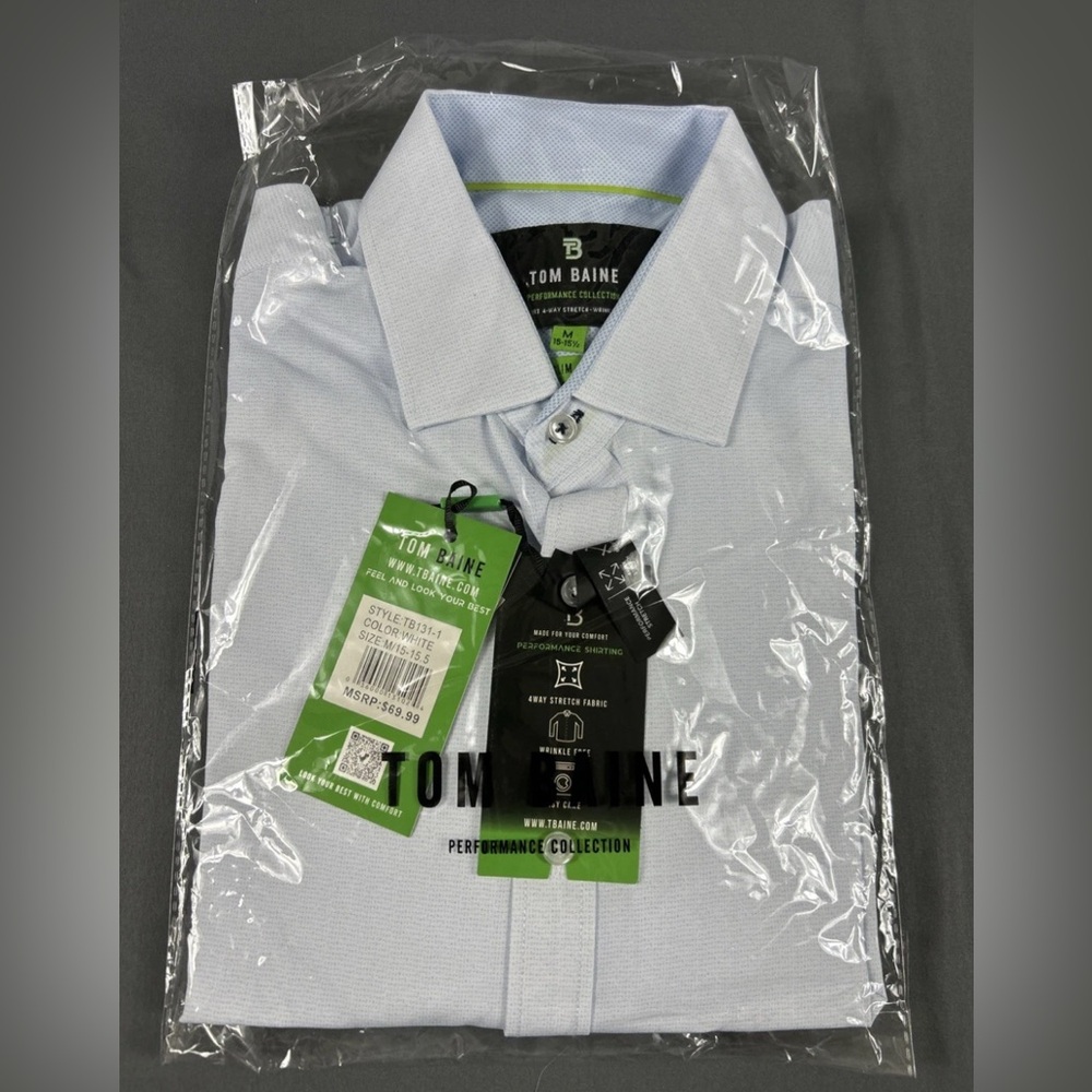 Tom Baine Dress Shirt Slim Performance Medium 15-15.5 White Blue Polyester